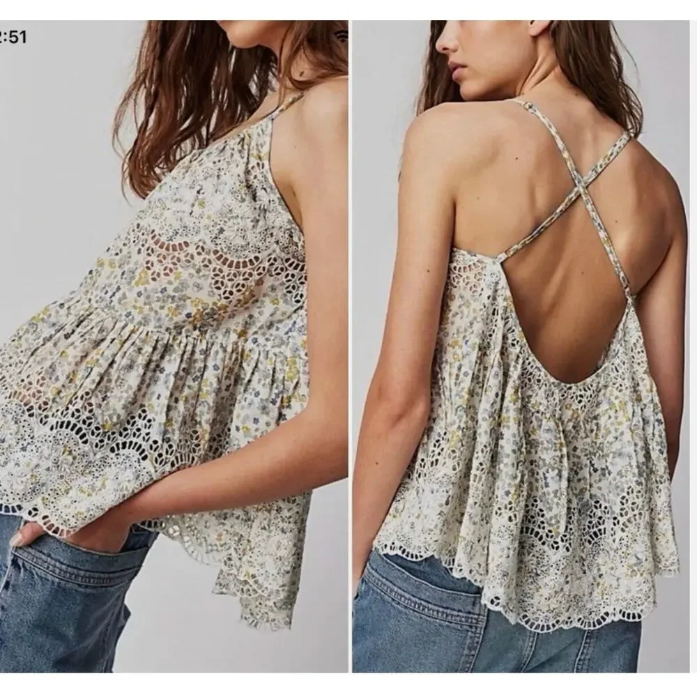 Free People Floral Babydoll Eyelet Tank Top Cottage Boho Soft Girl | Size S